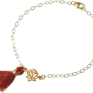 Gemshine - Damen - Armband - 925 Silber - Vergoldet - Lotus Blume - Quaste - Rotbraun - YOGA