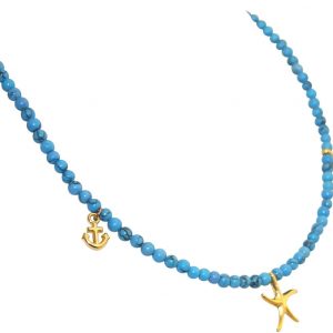 GEMSHINE Maritim Nautics Halskette: Seepferd, Seestern und Anker. 925 Silber, vergoldet oder rose. Navy Stil mit Türkis Edelsteinen - Made in München, Deutschland, Metall Farbe:Silber vergoldet