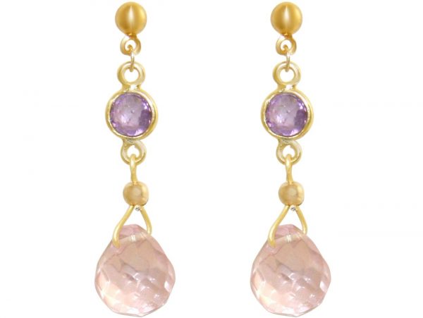 GEMSHINE Ohrringe mit Amethysten und Rosenquarz Edelstein Tropfen. Hochwertig vergoldete Ohrhänger. Made in München / Deutschland. Im eleganten Schmucketui geliefert. Auch als SET mit Halskette.