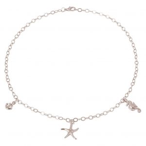 GEMSHINE Maritim Nautics Halskette mit Seepferd, Seestern und Anker Charms aus 925 Silber, hochwertig vergoldet oder rose im Navy Stil - Made in Madrid, Spanien, Metall Farbe:Silber