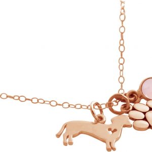 GEMSHINE Dackel und Pfote Anhänger mit Edelstein Auswahl. Massiv 925 Silber rose vergoldet an 45cm Kette. Geschenk für Haustier Herrchen und Frauchen - Made in Spain, Stein:Rosenquarz