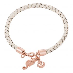 GEMSHINE Maritim Nautics Armband mit Anker und Seepferd. Silber, vergoldet oder rose im Navy Stil mit weißem Leder Band - Made in Madrid, Spain