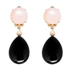 GEMSHINE Ohrclips oder Ohrstecker mit Rosenquarz und schwarzen Achat Edelstein Tropfen. Hochwertige 925 Silber oder vergoldete Ohrringe. Made in München / Deutschland. Im edlen Schmucketui geliefert.