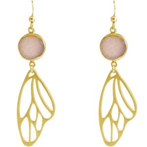 Gemshine - Damen - Ohrringe - Schmetterling - Flügel - WINGS - 925 Silber - Vergoldet –- DRUZY - Rose Quarz - 6,5 cm