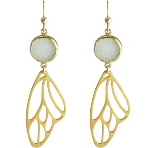 Gemshine - Damen - Ohrringe - Schmetterling - Flügel - WINGS - 925 Silber - Vergoldet –- DRUZY - Weiß - Quarz - 6,5 cm