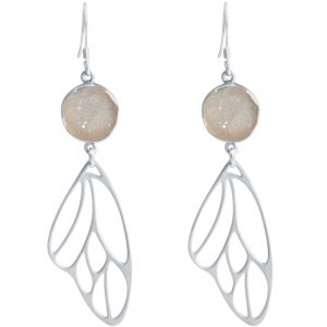 Gemshine - Damen - Ohrringe - Schmetterling - Flügel - WINGS - 925 Silber –- DRUZY - Rose Quarz - 6,5 cm