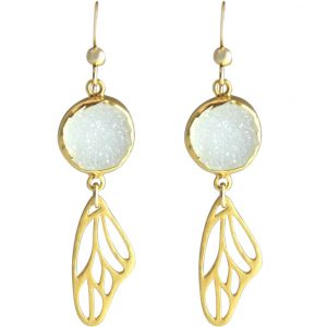 Gemshine - Damen - Ohrringe - Schmetterling - Flügel - WINGS - 925 Silber - Vergoldet –- DRUZY - Weiß - Quarz - 5 cm