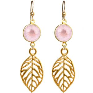 GEMSHINE Ohrringe mit Rosenquarzen und Blätter. Naturschmuck Ohrhänger 925 Silber, vergoldet oder rose vergoldet. Made in Munich / Germany. Im eleganten Schmucketui, Metall Farbe:Silber vergoldet