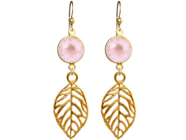 GEMSHINE Ohrringe mit Rosenquarzen und Blätter. Naturschmuck Ohrhänger 925 Silber, vergoldet oder rose vergoldet. Made in Munich / Germany. Im eleganten Schmucketui, Metall Farbe:Silber vergoldet