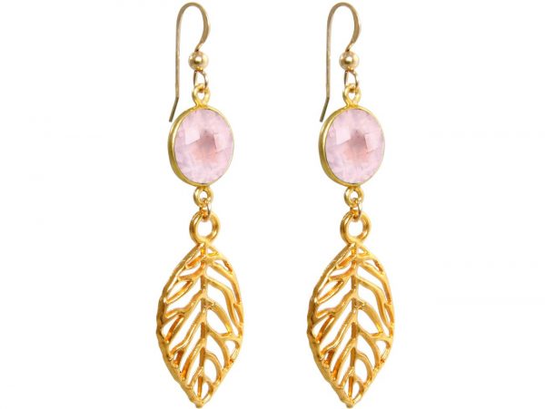 GEMSHINE Ohrringe mit Rosenquarzen und Blätter. Naturschmuck Ohrhänger 925 Silber, vergoldet oder rose vergoldet. Made in Munich / Germany. Im eleganten Schmucketui, Metall Farbe:Silber vergoldet – Bild 3