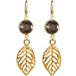 GEMSHINE Damenohrringe mit Rauchquarzen und Blätter. Naturschmuck Ohrhänger in 925 Silber, vergoldet oder rose. Made in Munich / Germany. Qualitätsvoller Schmuck., Metall Farbe:Silber vergoldet