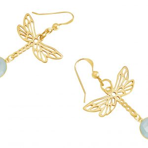 Gemshine - Damen -  Ohrringe - 925 Silber - Vergoldet - LIBELLE - Chalcedon - Meeresgrün - 4 cm