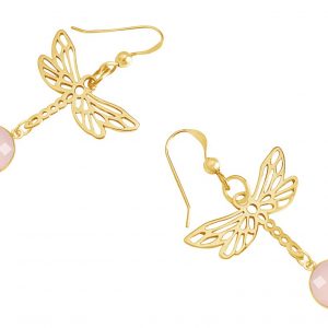 Gemshine - Damen -  Ohrringe - 925 Silber - Vergoldet - LIBELLE - Rosenquarz - Rosa - 4 cm