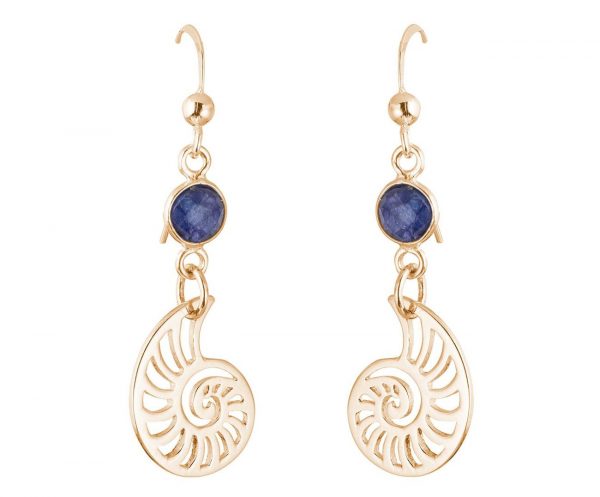 GEMSHINE Maritim Nautics Ohrringe mit Nautilus Muschel Ohrhänger in 925 Silber, hochwertig vergoldet oder rose Navy Stil mit blauen Saphiren - Made in Madrid, Spain, Metall Farbe:Silber vergoldet