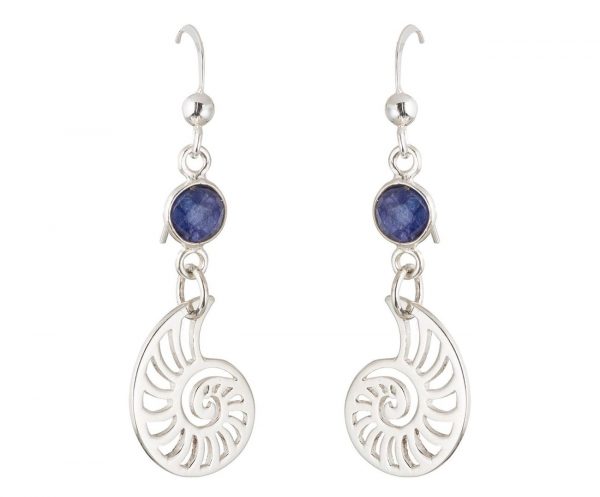 GEMSHINE Maritim Nautics Ohrringe mit Nautilus Muschel Ohrhänger in 925 Silber, hochwertig vergoldet oder rose Navy Stil mit blauen Saphiren - Made in Madrid, Spain, Metall Farbe:Silber