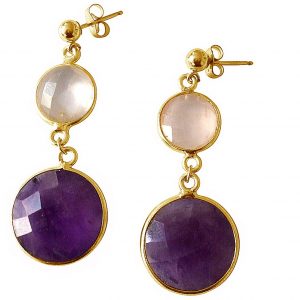 Gemshine - Damen - Ohrringe - 925 Silber - Vergoldet - Rosenquarz - Amethyst - Rosa - Violett - Lila - Facettiert - 4 cm