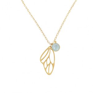 Gemshine - Damen -  Halskette - Anhänger - 925 Silber - Vergoldet - Schmetterling Flügel - Chalcedon - Meeresgrün - 45 cm