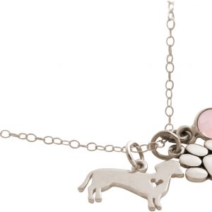 GEMSHINE Dackel und Pfote Tatze Anhänger mit Edelstein Auswahl. Massiv 925 Silber an 45cm Halskette. Geschenk für Haustier Herrchen und Frauchen - Made in Spain, Stein:Rosenquarz