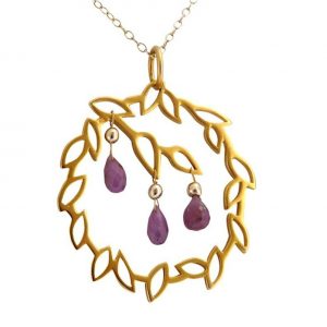 Gemshine - Damen - Halskette - Anhänger - Rubin - 925 Silber - Vergoldet - Lotus Blumen GARLAND - Rot - LEAVES - 3,5 cm